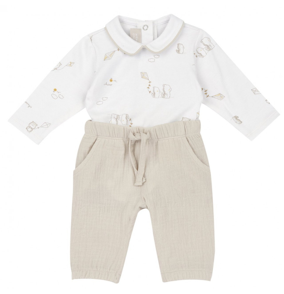 Completo Chicco neonato body + pantaloni Bianco e Beige 101598