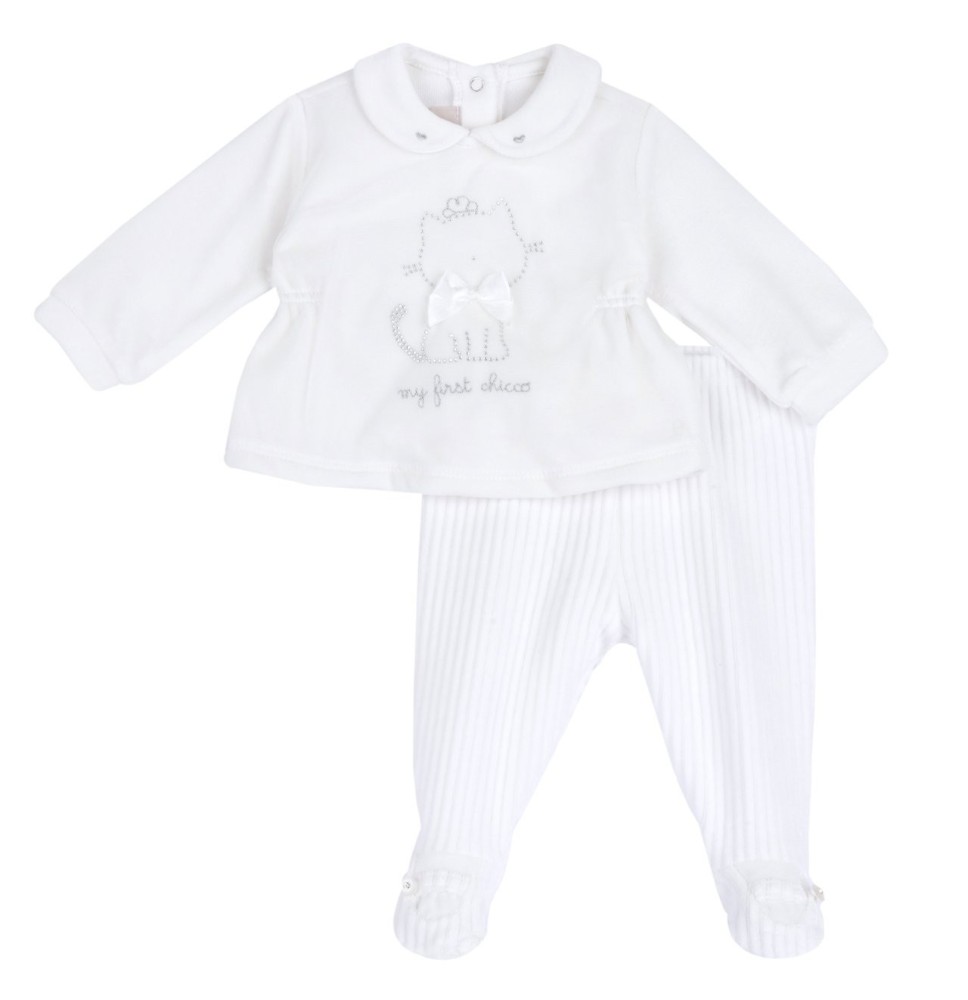 Completo Chicco Bianco maglia e pantaloni con piedini neonata ciniglia 75939
