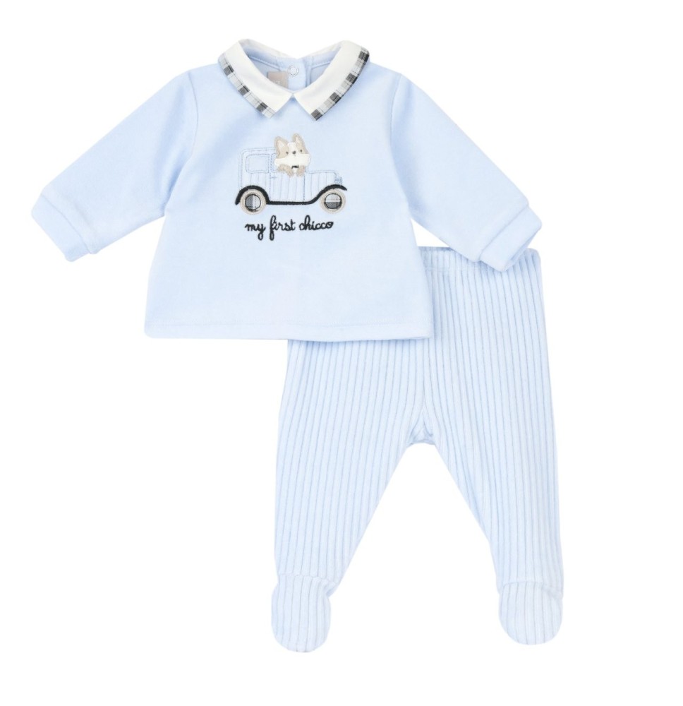 Completo Chicco Azzurro maglia e pantaloni con piedini neonato ciniglia 75954