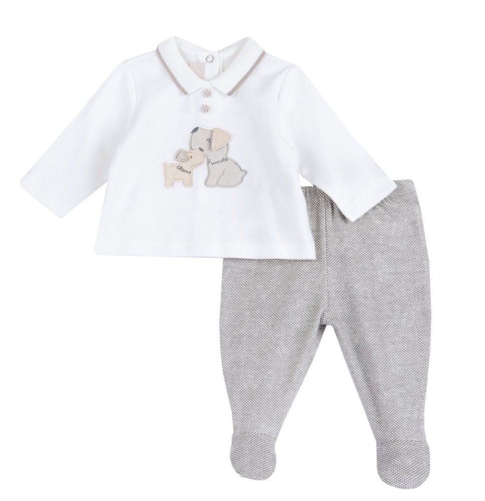 Completo Chicco Bianco e Grigio maglia e pantaloni con piedini neonato cotone  75917