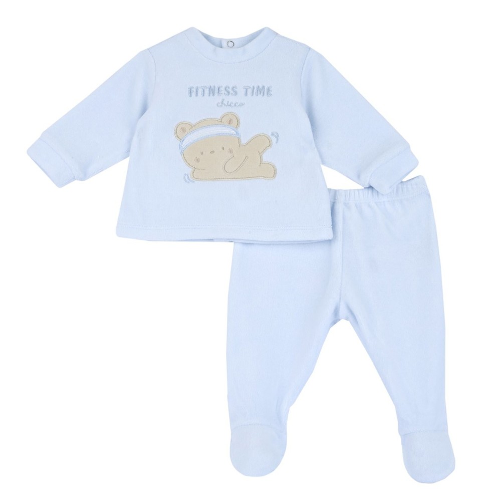 Completo Chicco Azzurro o Rosa maglia e pantaloni con piedini neonato ciniglia 75977