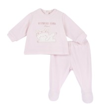 Completo Chicco Azzurro o Rosa maglia e pantaloni con piedini neonato ciniglia 75977