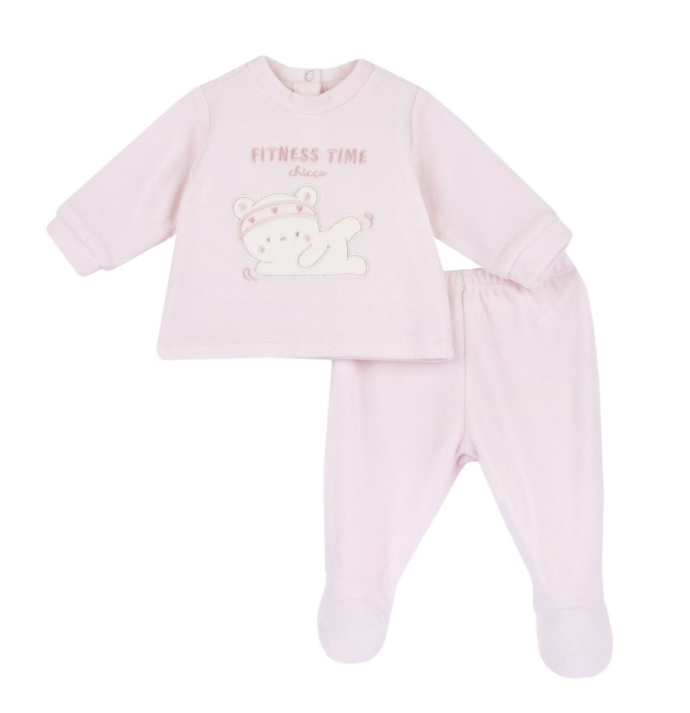 Completo Chicco Azzurro o Rosa maglia e pantaloni con piedini neonato ciniglia 75977