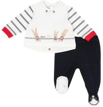 Completo Chicco Neonato bianco e blu maglia e pantaloni con piedini 75856