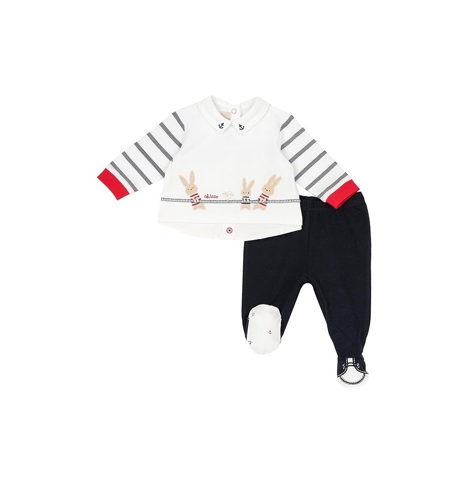 Completo Chicco Neonato bianco e blu maglia e pantaloni con piedini 75856