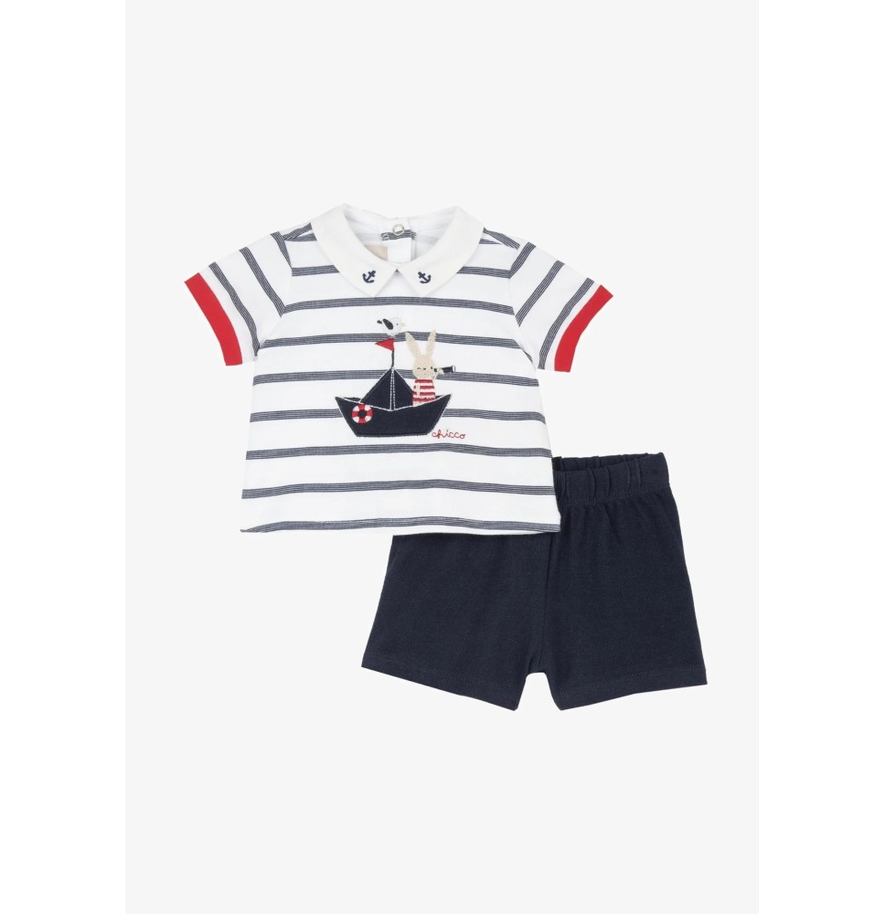 Completo Chicco Neonato bianco e blu, maglia e pantaloni corti 75857 Completo Chicco Neonato bianco e blu, maglia e pantaloni corti 75857