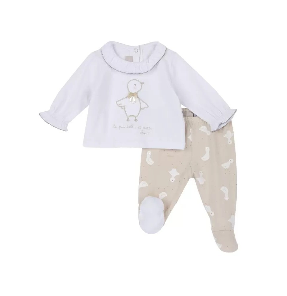 Completo Chicco Neonata maglietta e pantalone con piedini bianca e beige 75584