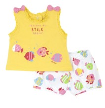 Completo 2 pezzi Chicco Neonata, canotta gialla e pantalone corto bianco fantasia pesciolini 75884