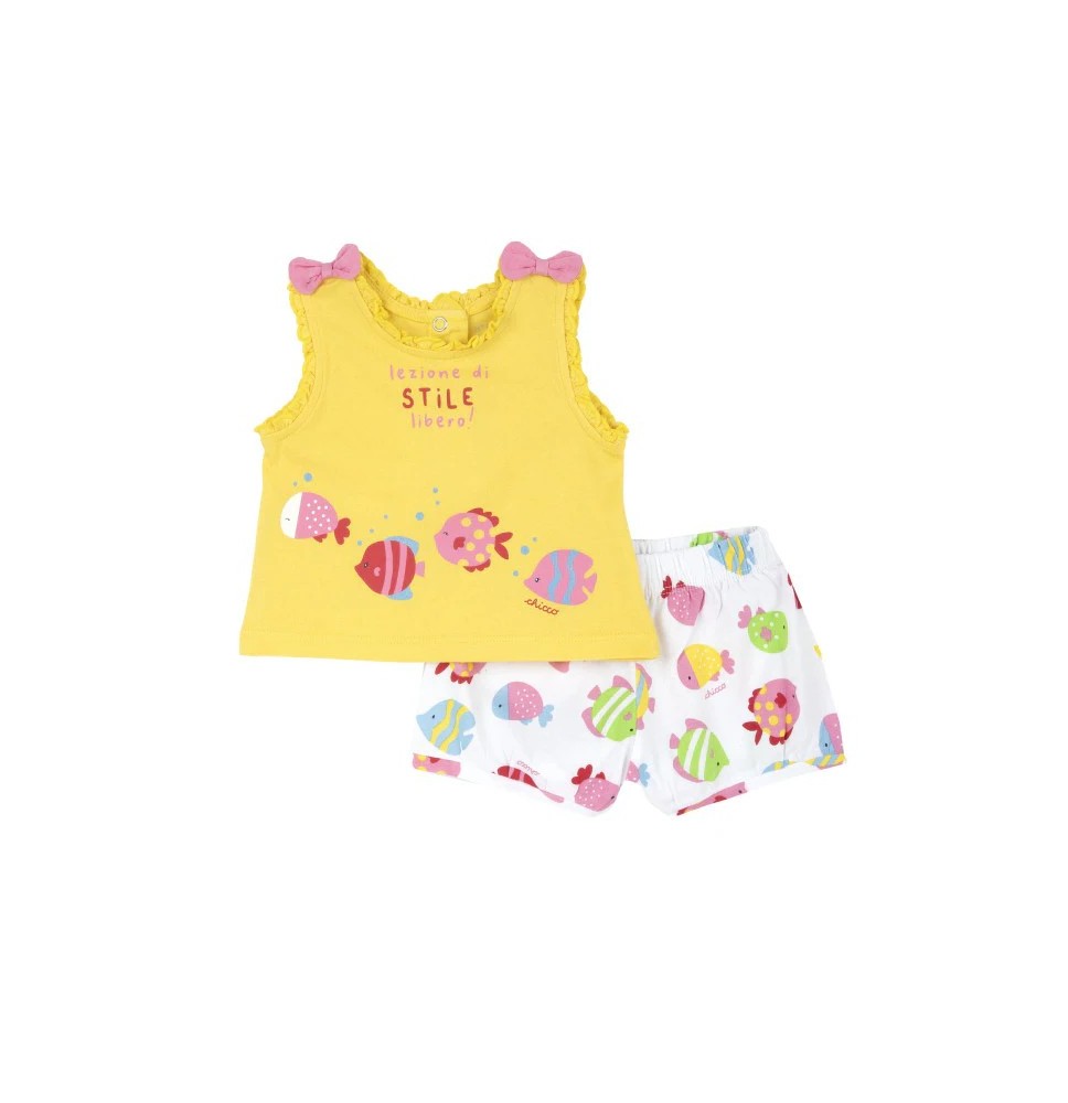 Completo 2 pezzi Chicco Neonata, canotta gialla e pantalone corto bianco fantasia pesciolini 75884