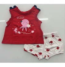 Completo 2 pezzi Chicco Neonata, canotta Rossa  e pantalone corto bianco fantasia pesciolini 75882