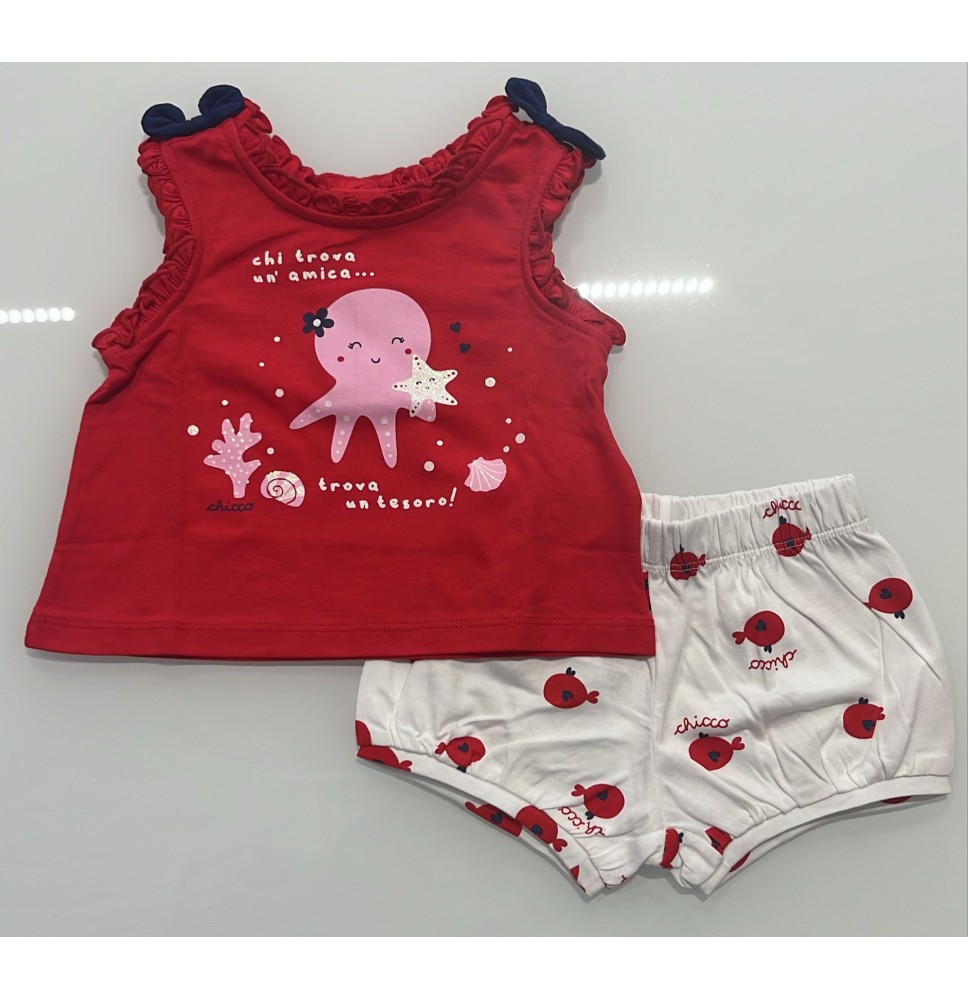 Completo 2 pezzi Chicco Neonata, canotta Rossa  e pantalone corto bianco fantasia pesciolini 75882