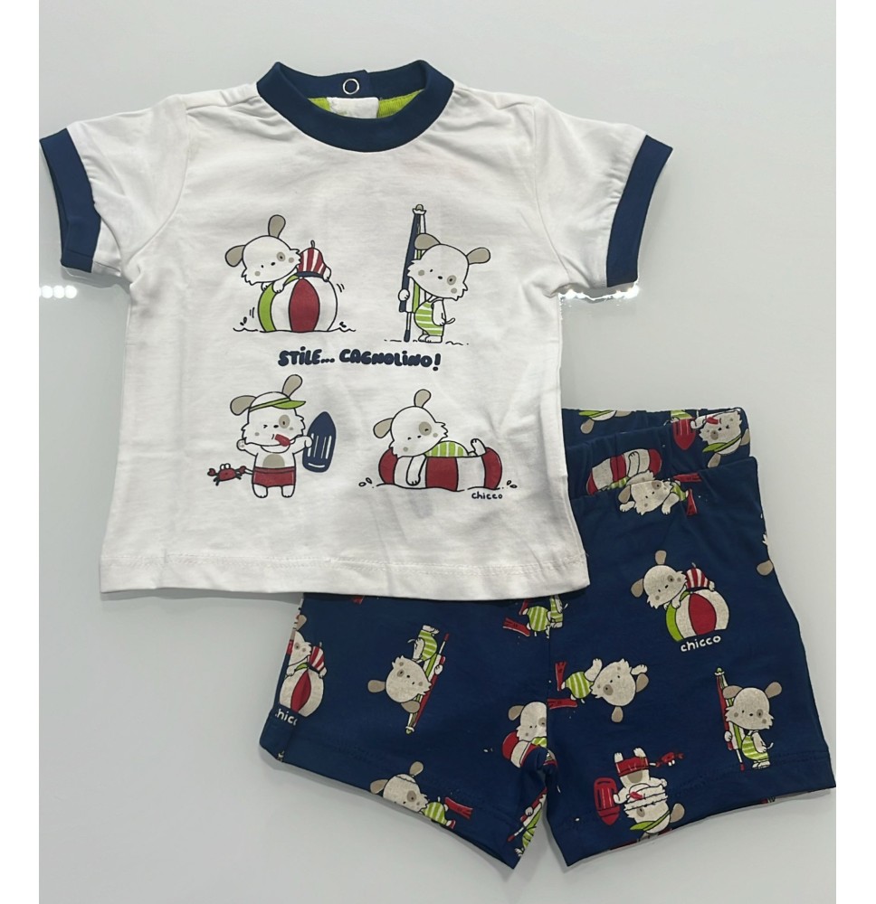 Completo 2 pezzi Chicco Neonato Maglietta bianca e pantalone corto blu 75892