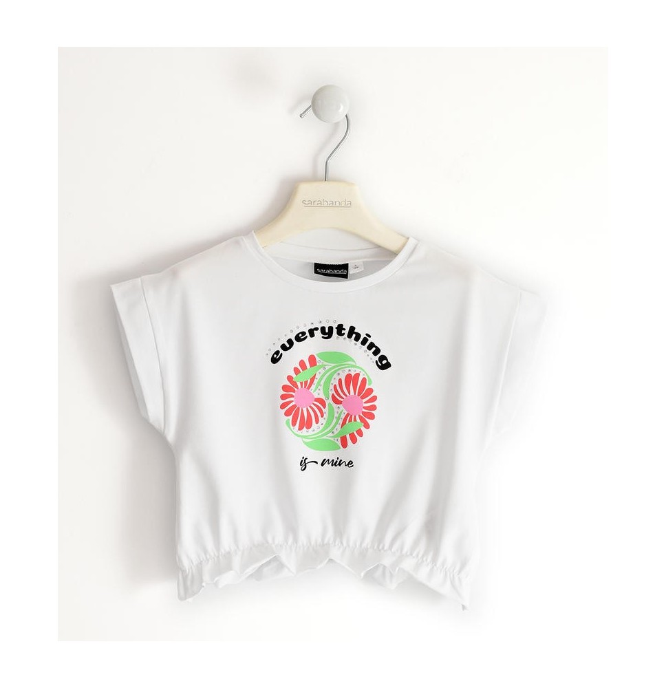 Maglietta Sarabanda Ragazza Bianca con dettaglio fiori 6690